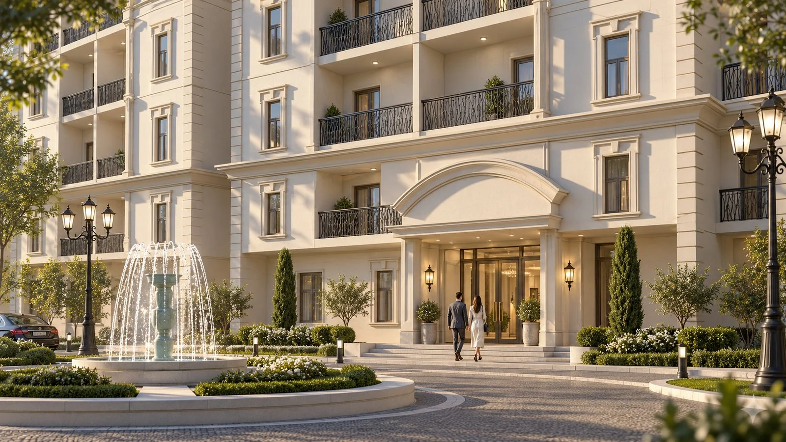 Entrance forecourt with fountain