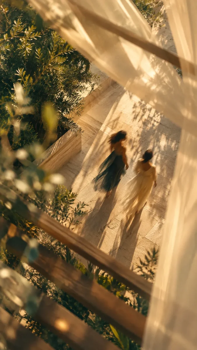 Two residents walking down a sunlit staircase