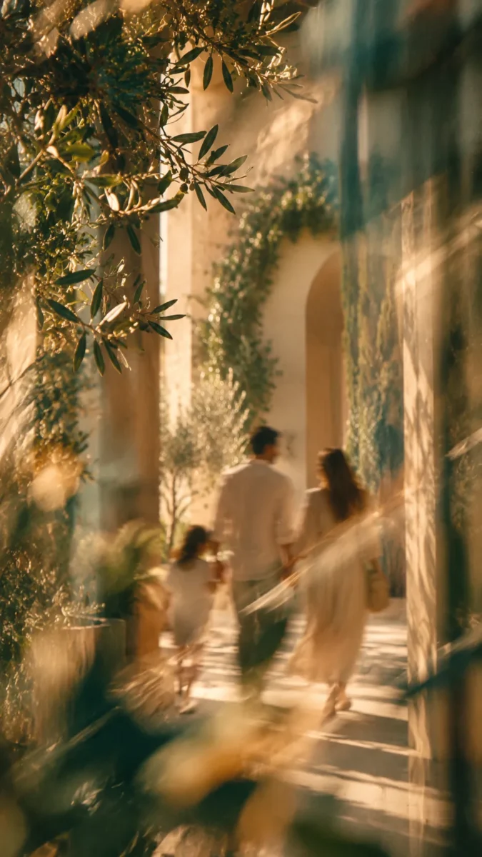 Family walking through a planted colonnade